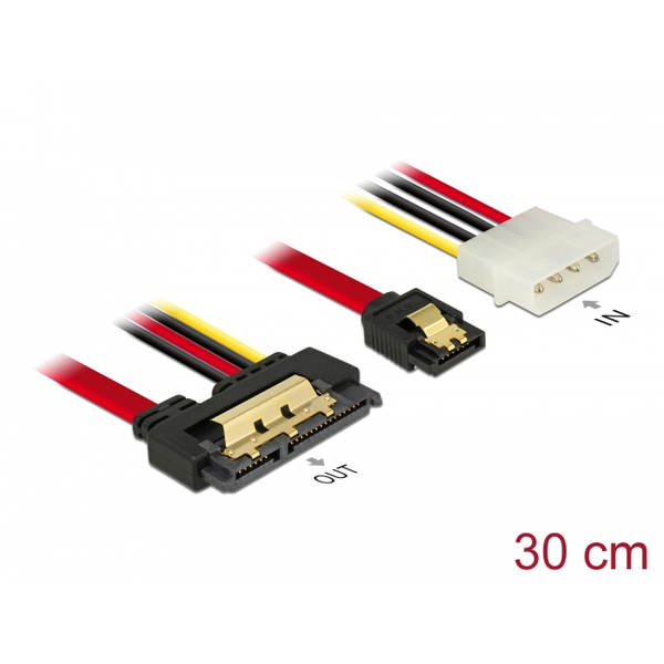 Adapterkabel SATA 7Pin + 5,25"-4Pin > SATA 22Pin (schwarz/rot, 30cm, 22Pin-Stecker gerade)