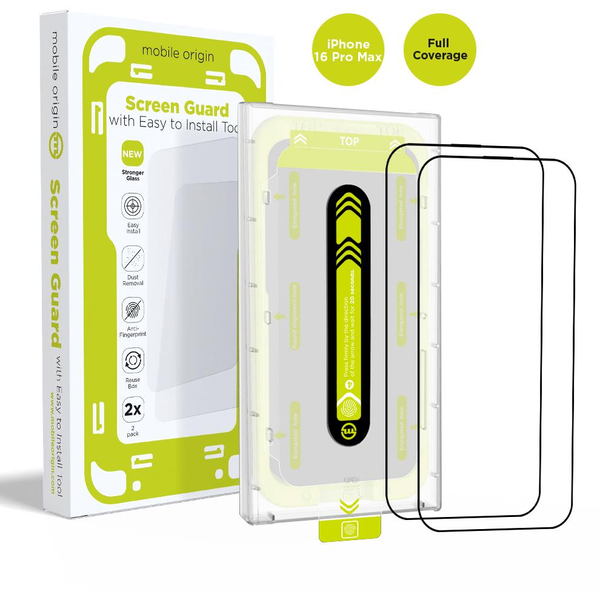 Set 2 folii sticla cu sistem de montare Mobile Origin Screen Guard compatibil cu iPhone 16 Pro Max, Full Cover, Negru