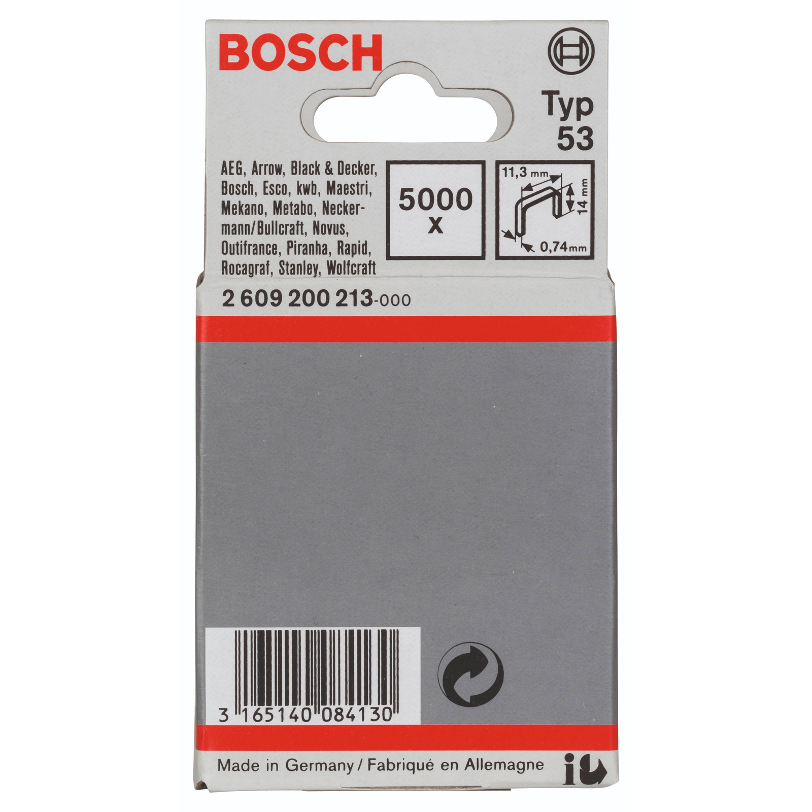 Bosch tűzőkapocs tűzőgépekhez, vékony huzalból, 53-as típus 11,4 × 0,74 × 14 mm 2.609.200.213 (2.609.200.213)