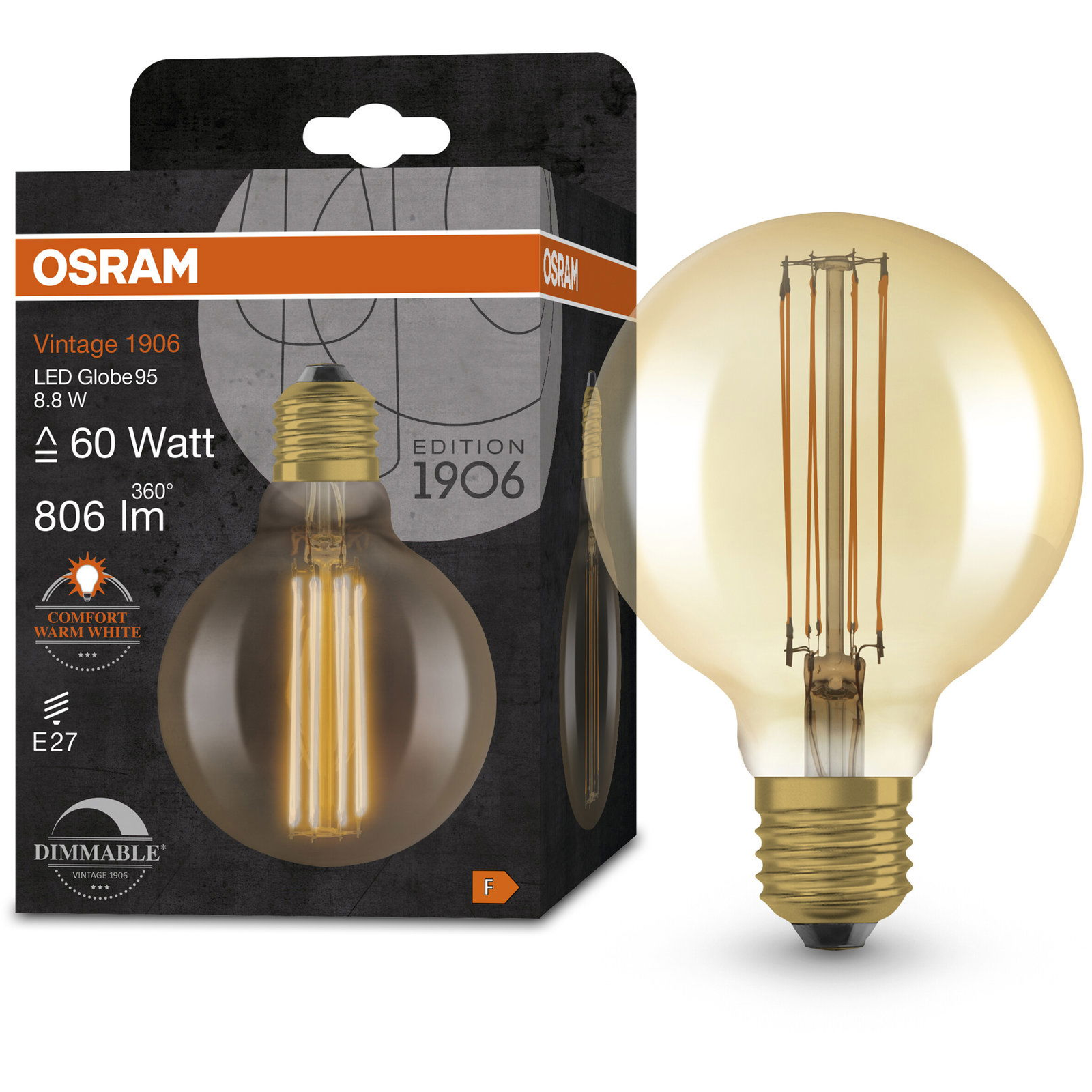 OSRAM LED izzó, aranyszínű, VINTAGE, E27, 8,8 W, GLOBE, meleg fehér (4058075761773)