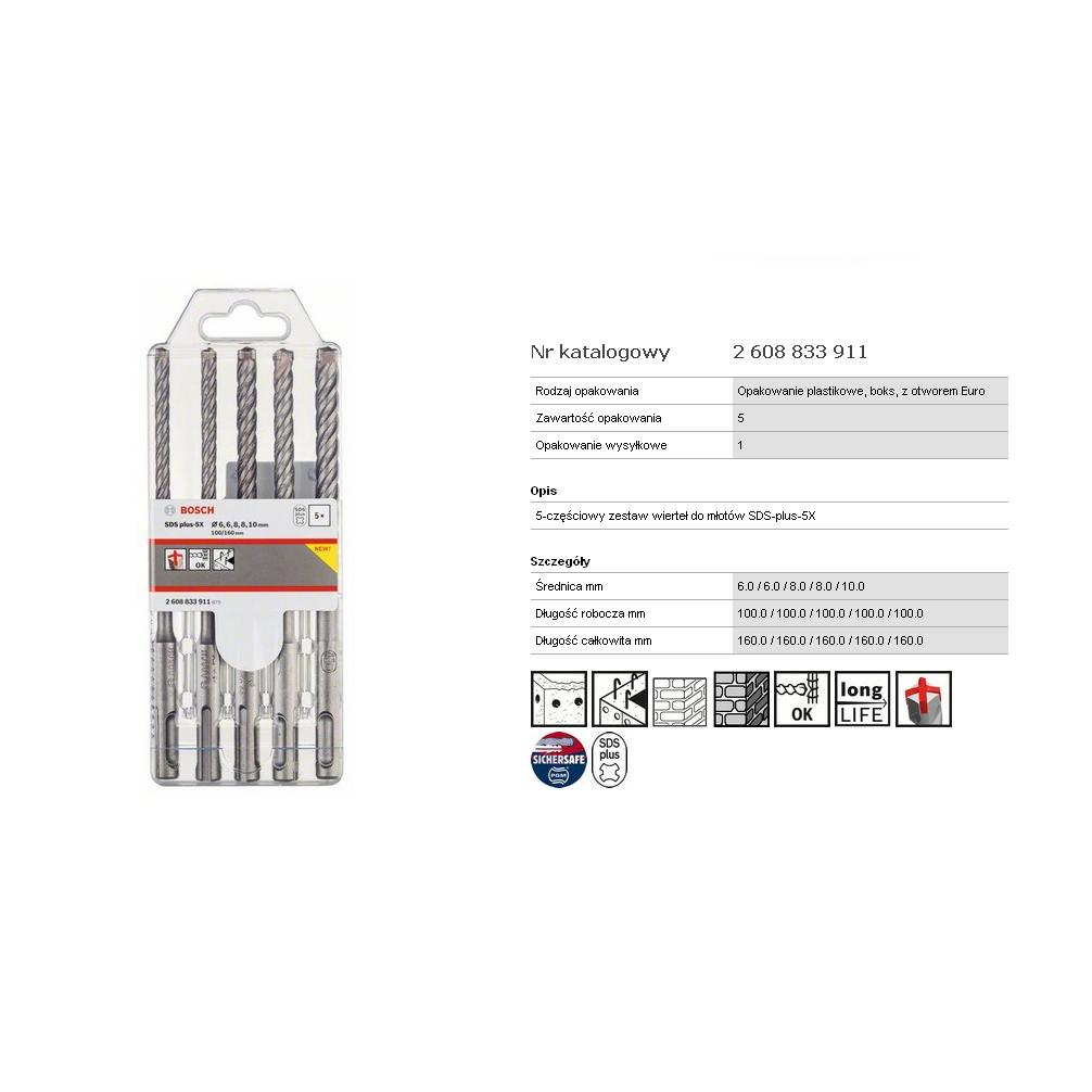 Bosch 2608833911 5 részes SDS-plus-5X kalapácsfúró-készlet 6; 6; 8; 8; 10 mm (2608833911)