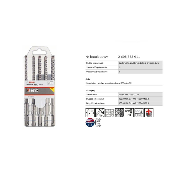 Bosch 2608833911 5 részes SDS-plus-5X kalapácsfúró-készlet 6; 6; 8; 8; 10 mm