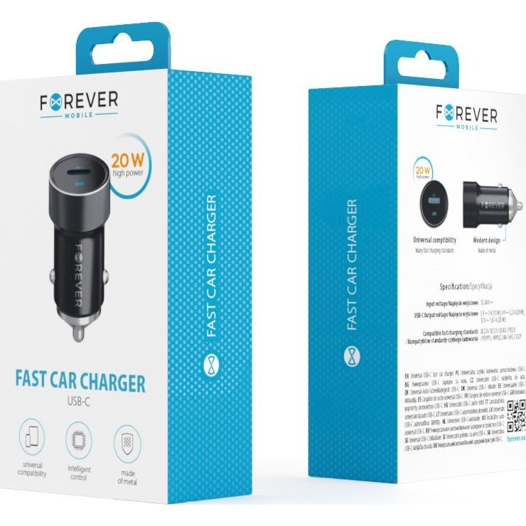 Forever CC-06 Autós Töltő 1xUSB-C Csatlakozással 20W PD QC - Fekete (GSM112639)