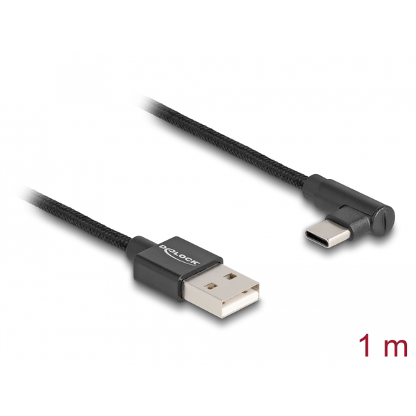 Delock 80030 USB-A apa - USB-C 90° apa 2.0 Adat és töltő kábel 1m - Fekete