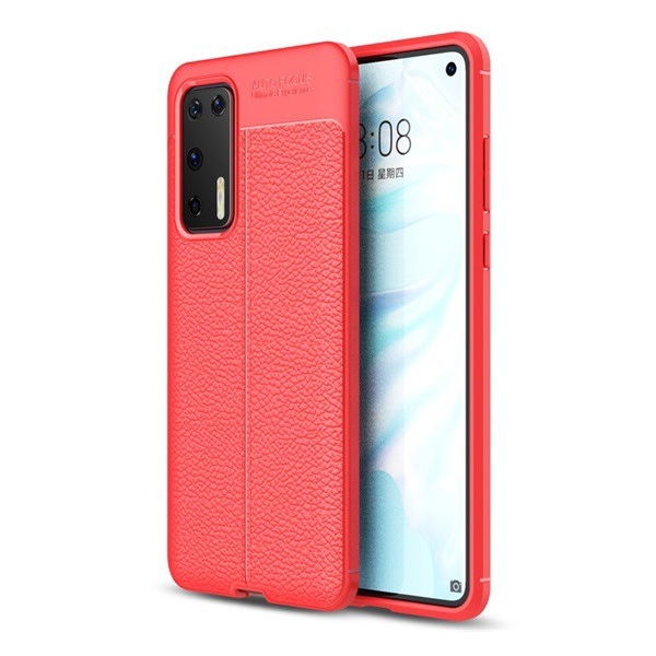 Szilikon telefonvédő (közepesen ütésálló, bőr hatású, varrás minta) PIROS [Huawei P40] (5996457934867)