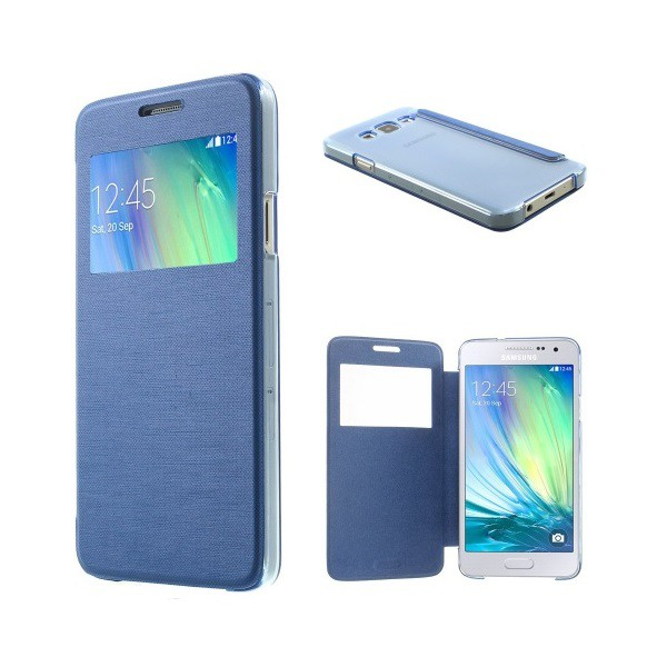 Tok álló, bőr hatású (FLIP, oldalra nyíló, S-View cover, szálcsiszolt mintázat) KÉK [Samsung Galaxy A3 (2015) SM-A300F] (5996457513697)