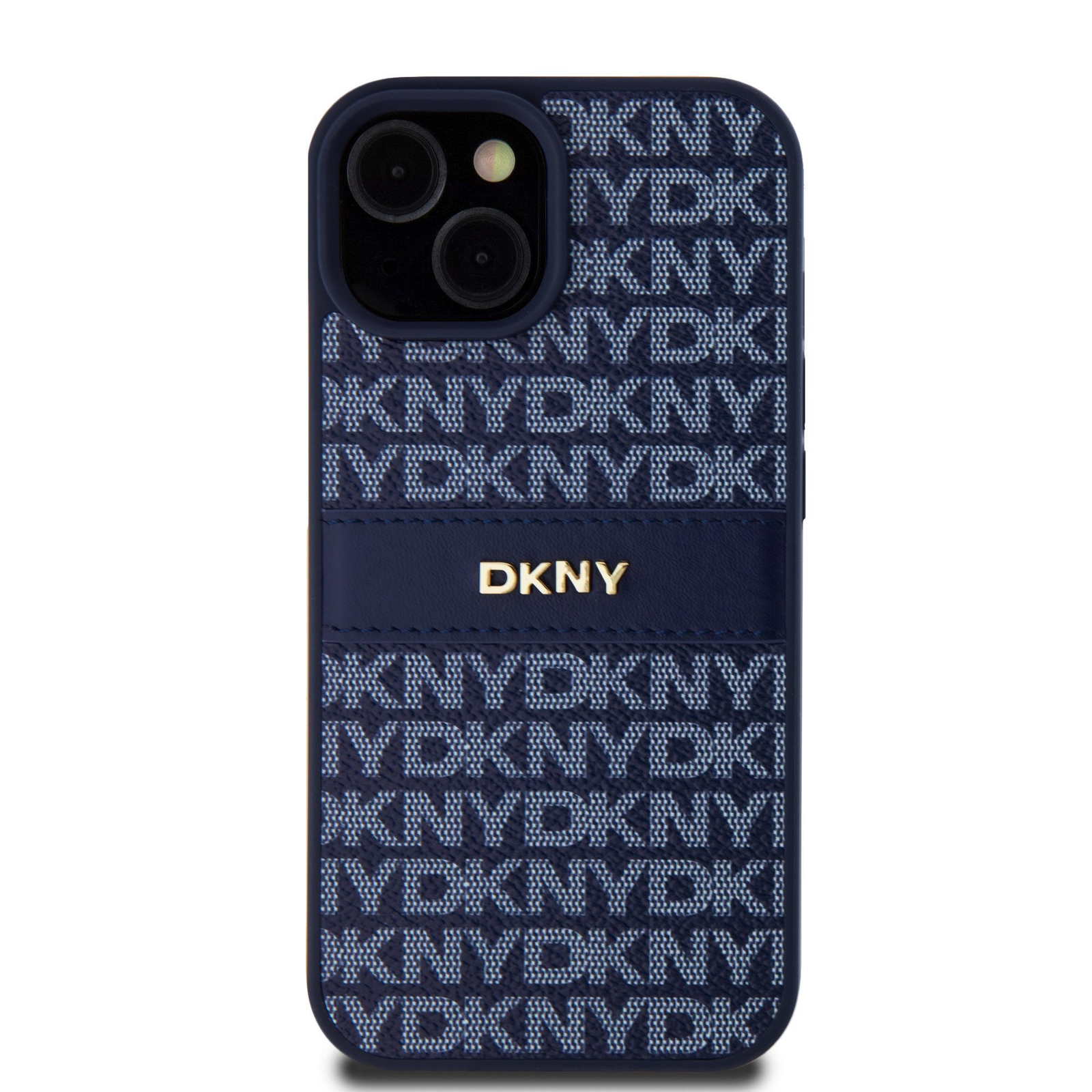 DKNY iPhone 15 Ismétlődő mintás PU Bőr Telefon tok - Kék (DKHCP15SPRTHSLB)