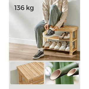 Songmics Wieszak na ubrania i ławka na buty, szafka w przedpokoju, wielofunkcyjne 5 podwójnych metalowych haczyków, bambusowy stojak na b