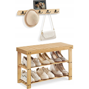 Songmics Wieszak na ubrania i ławka na buty, szafka w przedpokoju, wielofunkcyjne 5 podwójnych metalowych haczyków, bambusowy stojak na b