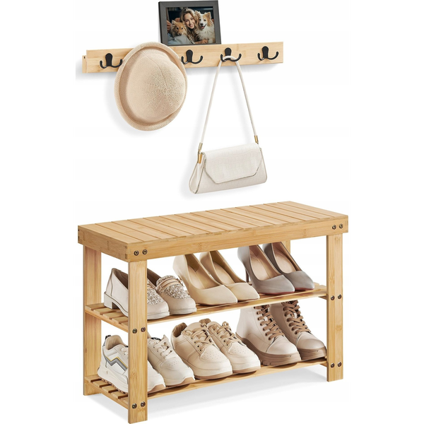 Songmics Wieszak na ubrania i ławka na buty, szafka w przedpokoju, wielofunkcyjne 5 podwójnych metalowych haczyków, bambusowy stojak na b