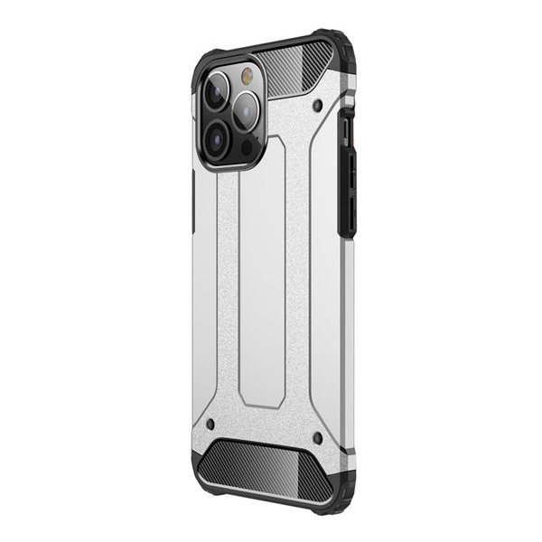 Defender műanyag telefonvédő (közepesen ütésálló, légpárnás sarok, szilikon belső, fémhatás) EZÜST [Apple iPhone 13 Pro Max] (5996591097312)