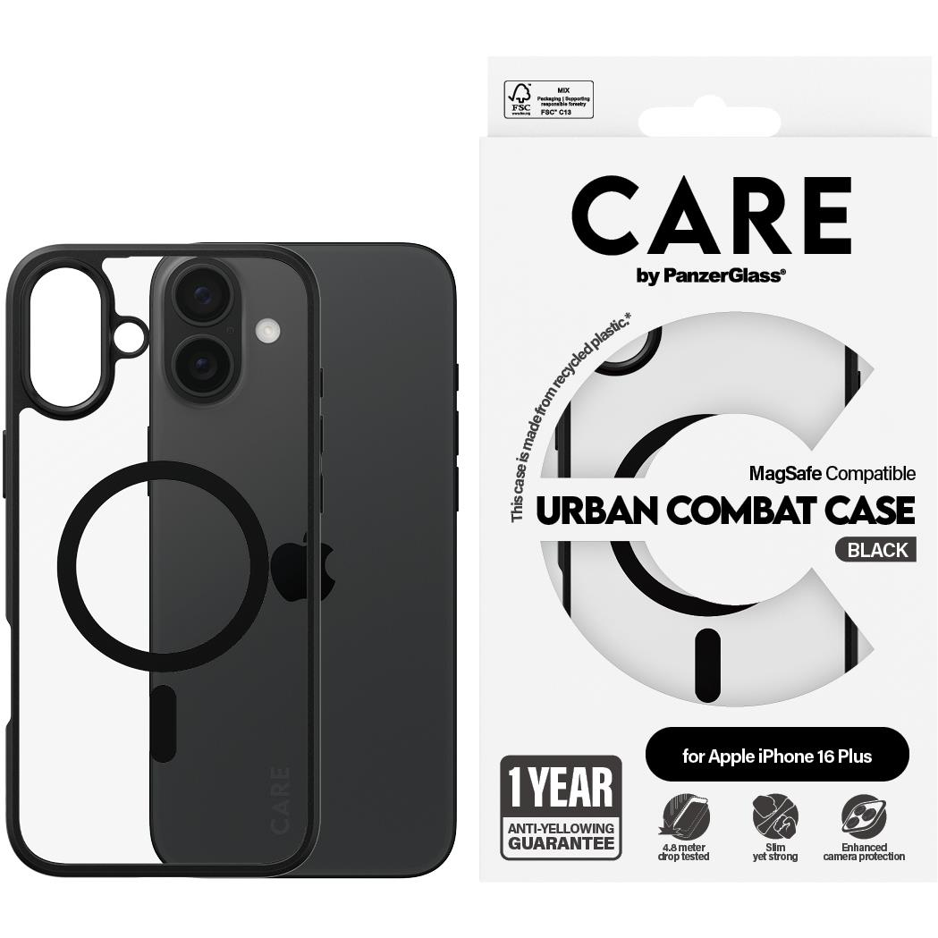 PanzerGlass CARE Apple iPhone 16 Plus MagSafe Combat fekete/fekete nem sárguló tok (1359)