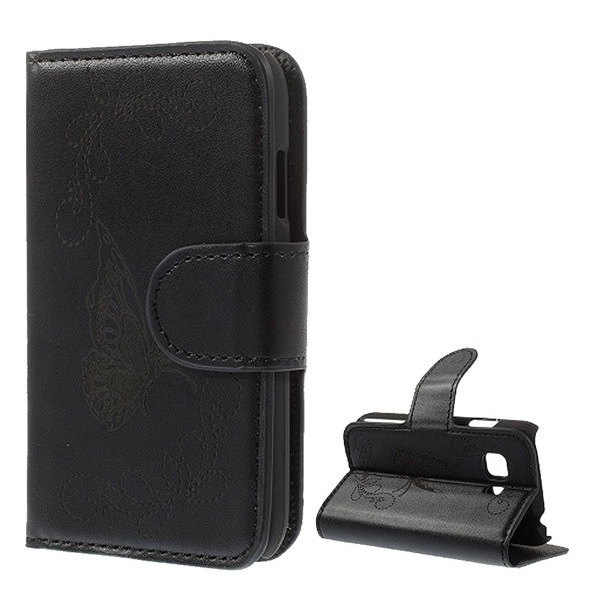 Tok álló, bőr hatású (FLIP, oldalra nyíló, asztali tartó funkció, gravírozott, pillangó minta) FEKETE [Samsung Galaxy Young 2 (SM-G130)] (5996457489060)