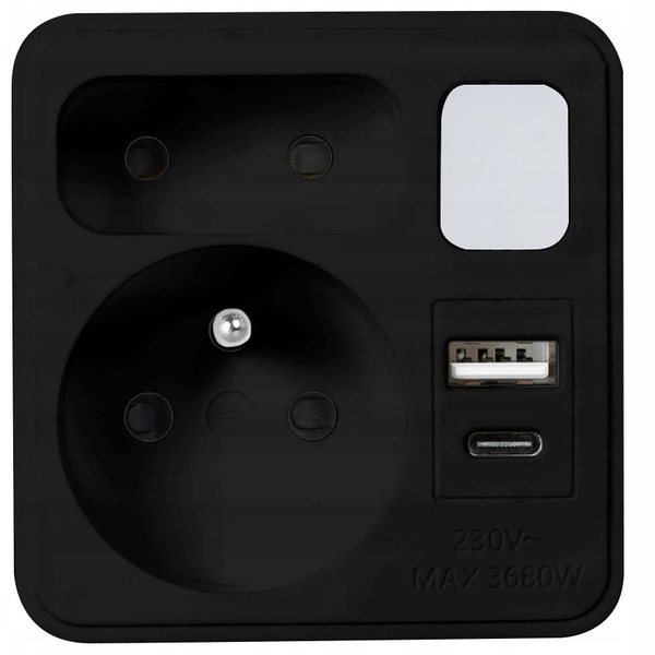 LTC Rozgałęźnik sieciowy z lampką nocną: 1 gniazdo okrągłe z uz.+ 1 gniazdo płaskie + 1x USB + 1x USB-C 3A Czarny