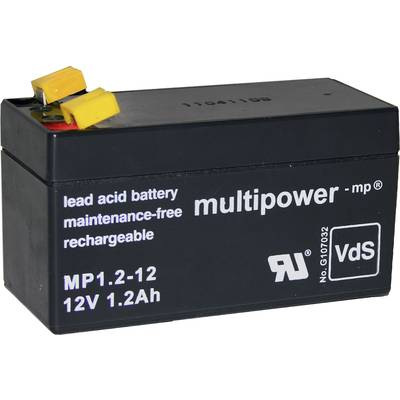 multipower PB-12-1,2-4,8 MP1,2-12 Ólomakku 12 V 1.2 Ah Ólom-vlies (AGM) (Sz x Ma x Mé) 97 x 59 x 43 mm 4,8 mm-es laposérintkezős dugó Karbantartásmentes, Kis (MP1,2-12)