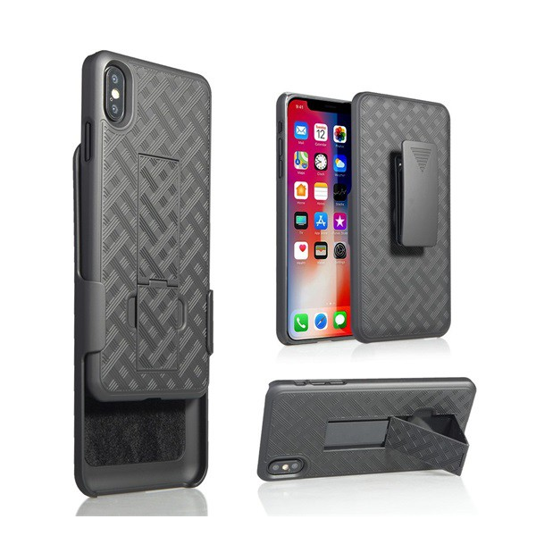 Defender műanyag telefonvédő (közepesen ütésálló, asztali tartó, 360° védelem, övcsipesz, rács minta) FEKETE [Apple iPhone XS Max 6.5] (5996457814343)