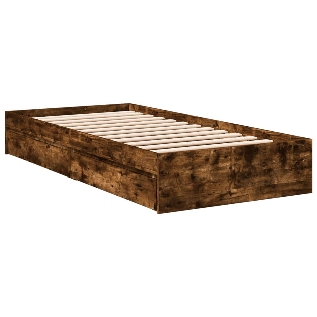 füstös tölgyszínű szerelt fa ágykeret fiókokkal 90 x 200 cm (3280682)