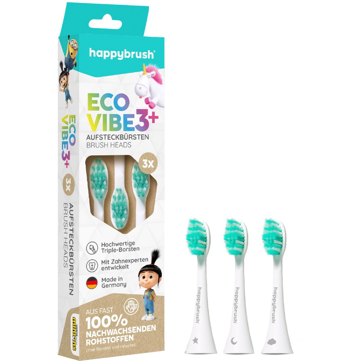HappyBrush ECO VIBE Agnes Elektromos gyerek fogkefe Pótfej - Fehér / Türkiz (3db) (HAV3DEA)