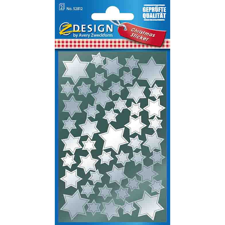 Ablakmatrica, 2 ív, 76x120 mm, AVERY ZWECKFORM, "Z-Desing No.52812", ezüst csillagok (52812)