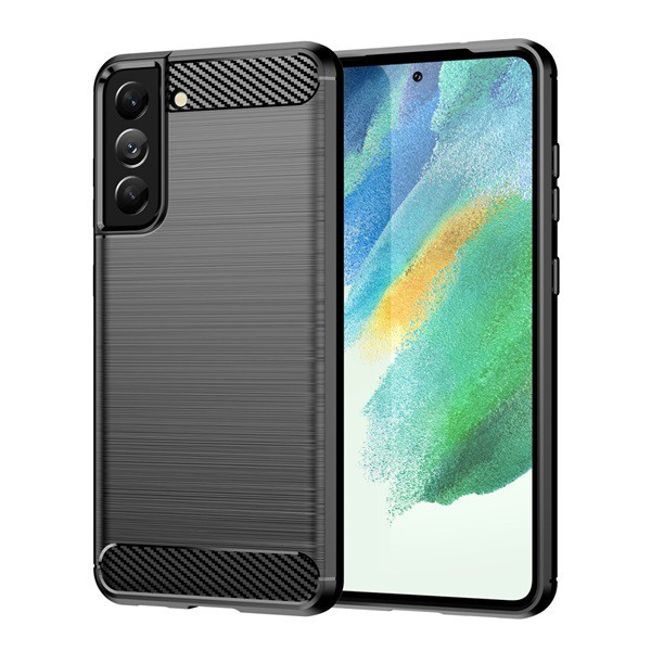 Szilikon telefonvédő (közepesen ütésálló, légpárnás sarok, szálcsiszolt, karbon minta) FEKETE [Samsung Galaxy S21 FE (SM-G990)] (5996591125718)