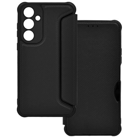 Husa Gigapack pentru telefon mobil in picioare, efect piele, flip, deschidere laterala, rezistenta la impact, colt cu perna de aer, protectie pentru camera, model carbon, negru, compatibil: Samsung Galaxy A25, SM-A256