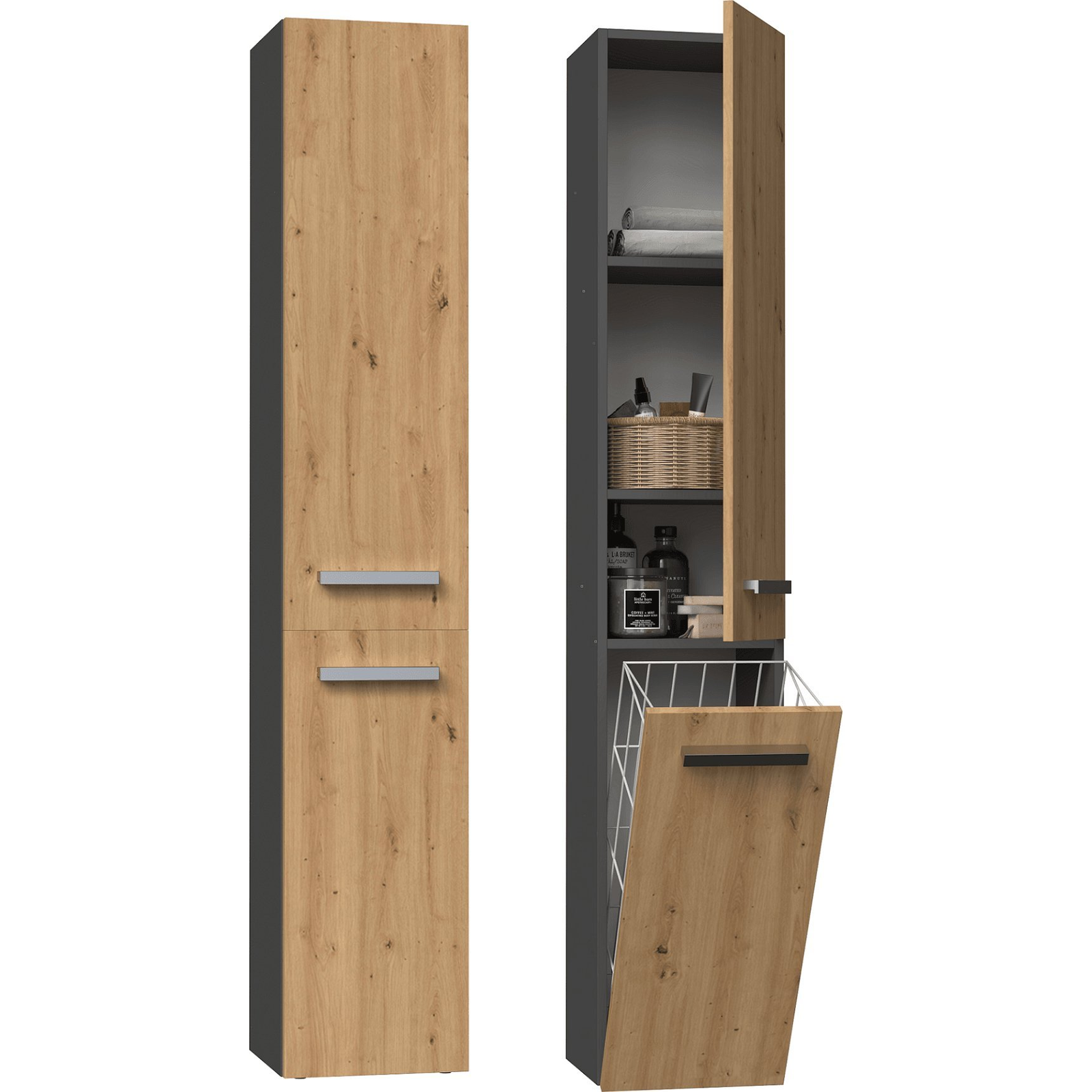 Adino Lungo IV Fürdőszobai Magasszekrény Polccal, Szennyestartóval - Antracit/Tölgy (NEL IV ANTR/ART)