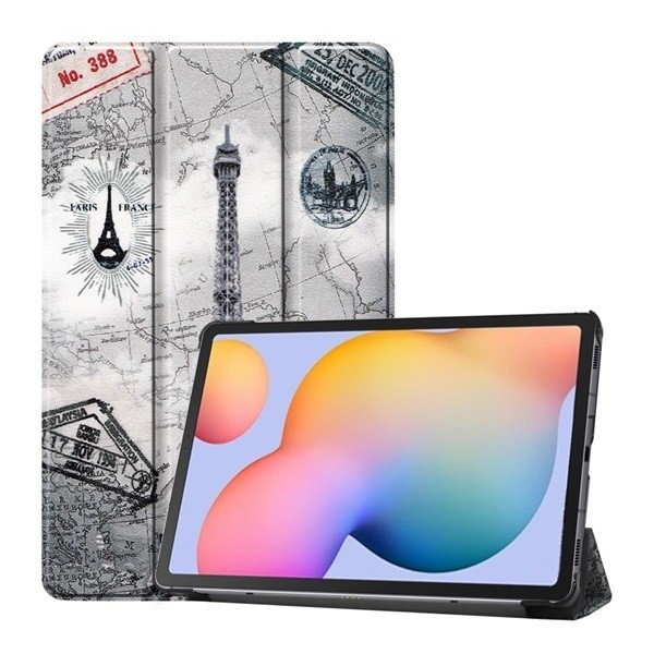 Samsung Galaxy Tab S6 Lite 10.4 (2020 / 2022 / 2024) SM-P610 / P615 / P613 / P619 / P620 / P625, mappa tok, Eiffel torony, térkép minta, Trifold, szürke (G95758)