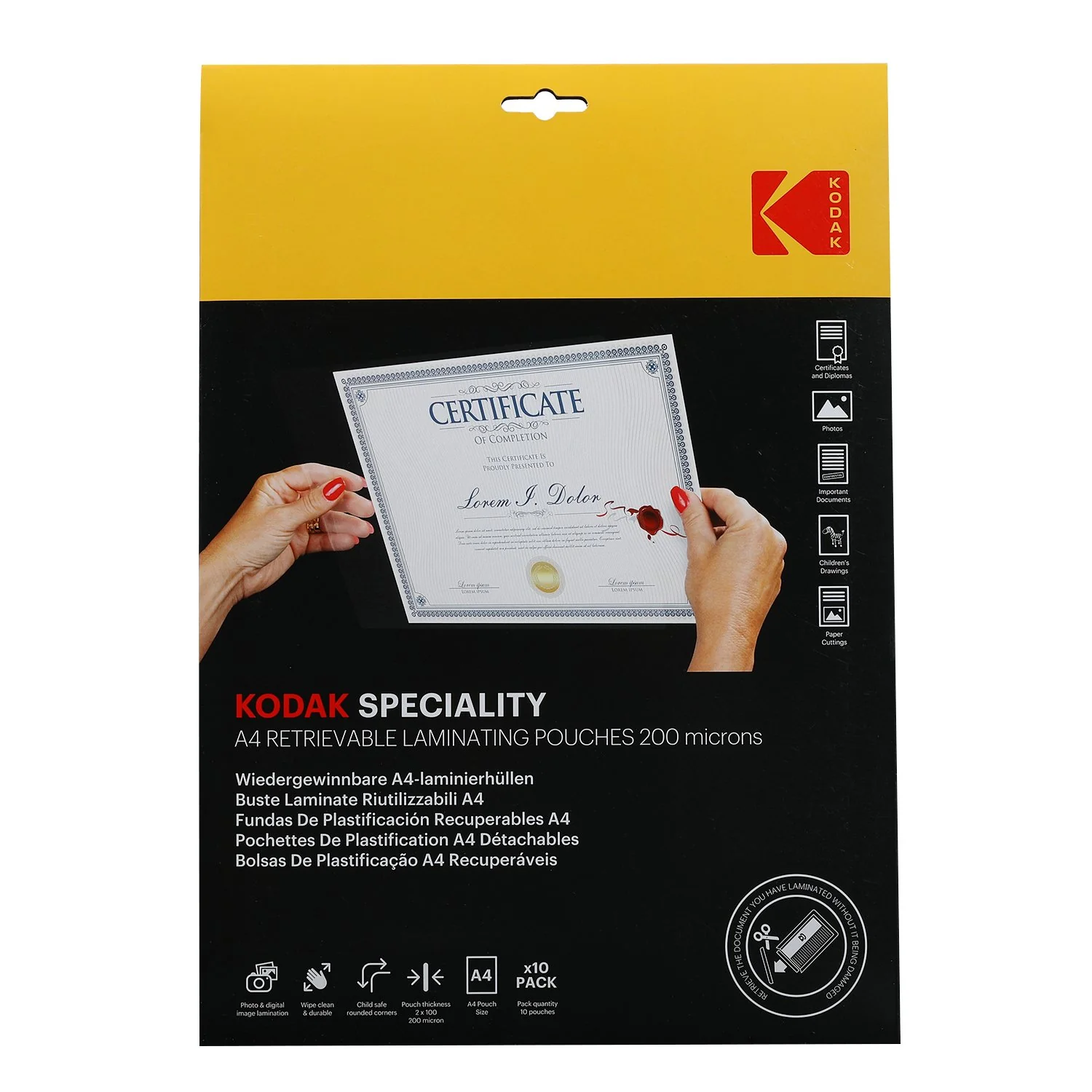 Kodak 200 mikron A4 újrahasználható lamináló fólia (10 db / csomag) (LMA4RET-PK10F)