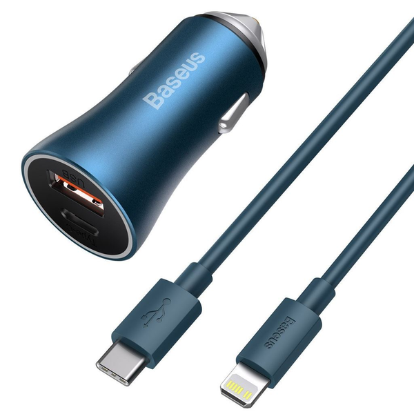 Incarcator auto Baseus Golden, CCJDZ-C, Cablu USB Type C/Lighting, 40W, Quick Charge 3.0, Albastru