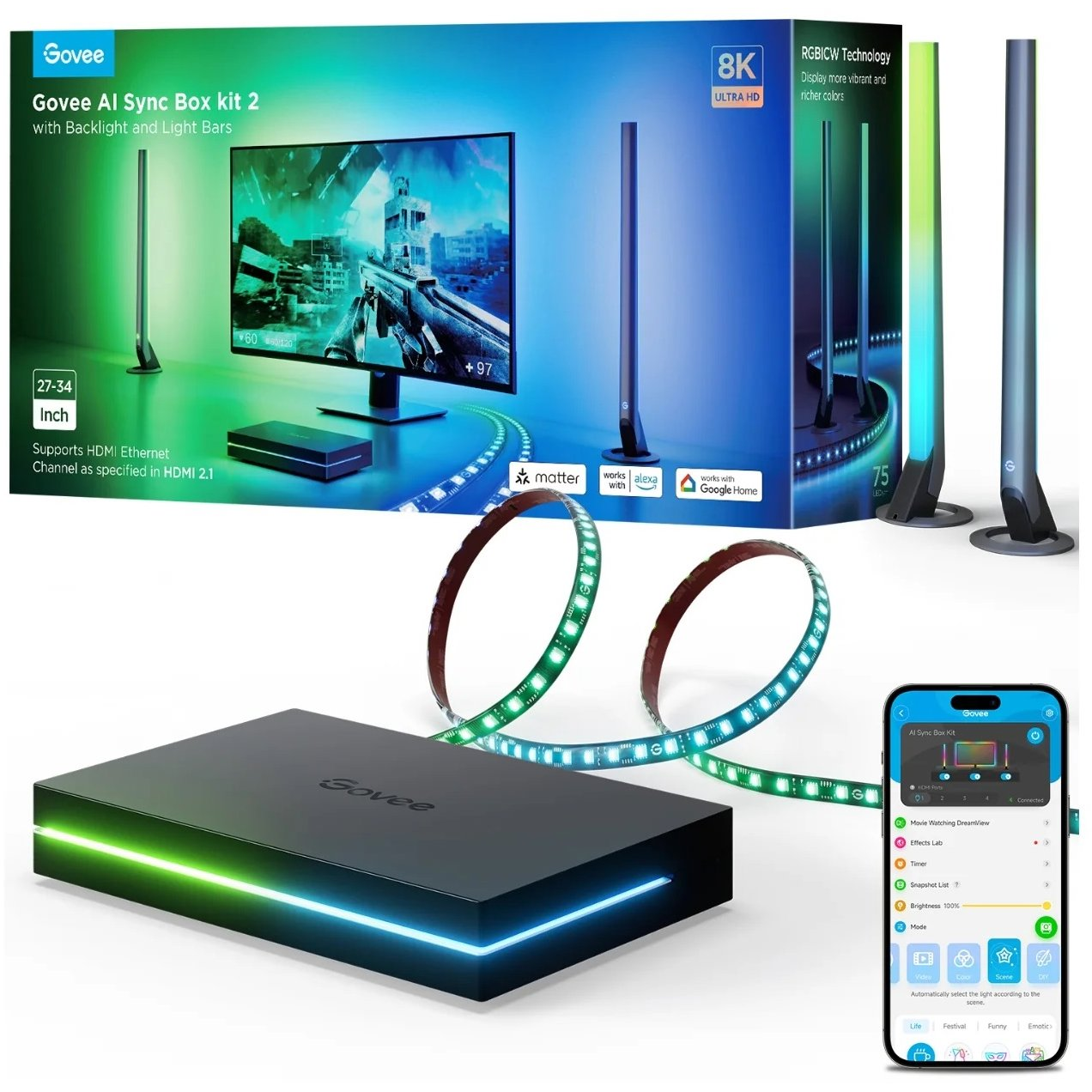 Govee AI Sync Box Kit 2 Smart PC, 27-34" + LED panelek, világító készlet (H6603311)