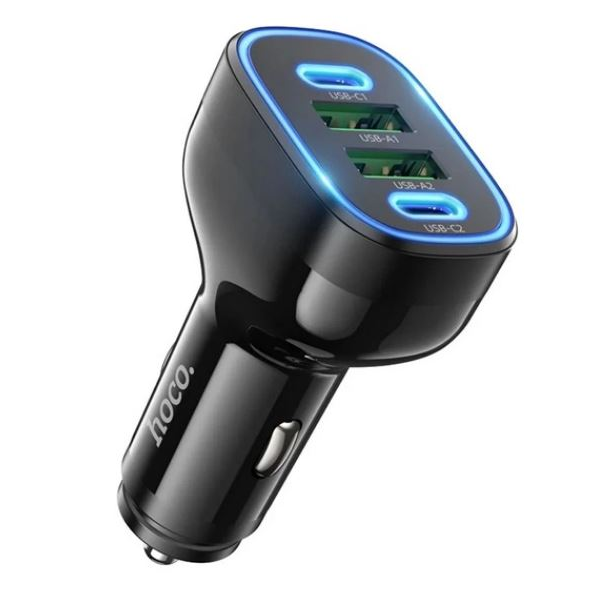 HOCO NZ11 autós töltő 2xUSB - 2xUSB-C aljzat (5V/3A, 72W, PD gyorstöltő, LED) fekete (NZ11_B) (NZ11_B)