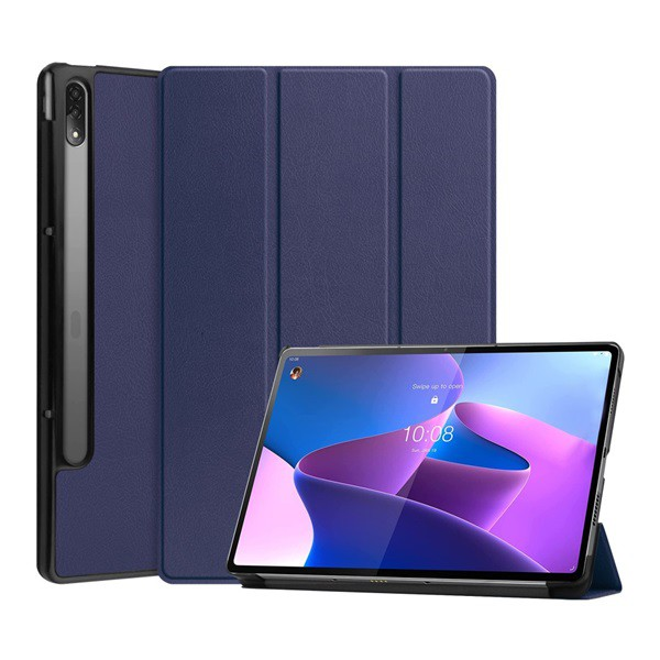 Tok álló, bőr hatású (aktív FLIP, oldalra nyíló, TRIFOLD asztali tartó funkció) SÖTÉTKÉK [Lenovo Tab P12 Pro (TB-Q706F)] (5996591212968)