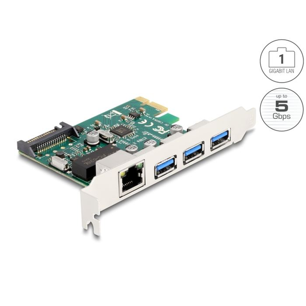 Delock PCI Express x1 kártya - 3 x USB-A + 1 x Gigabit LAN (90105)