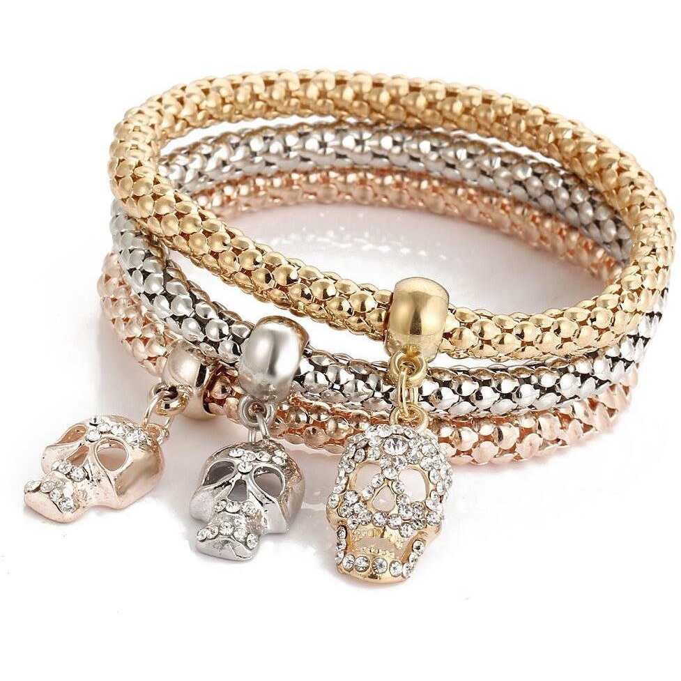 Silver Star rugalmas karkötő sebészeti acélból, 3 darab koponya (18313)