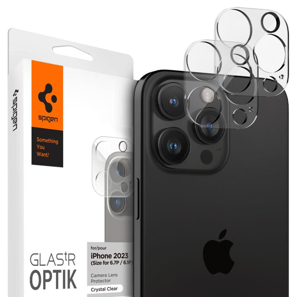Комплект от 2 стъклени фолиа за камера Spigen Optik, съвместими с iPhone 14 Pro / 14 Pro Max / 15 Pro / 15 Pro Max Crystal Clear