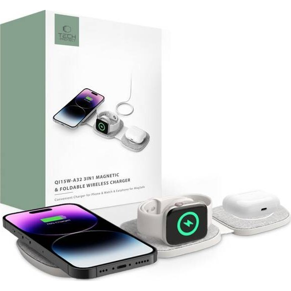 Tech-Protect QI15W-A32 vezeték nélküli összehajtható 3in1 asztali töltő állomás, 15W szürke (5906302308255)
