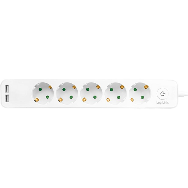Разклонител LogiLink LPS249U, Светещ превключвател, 5 гнезда, 2xUSB 5 V/2.1 A 10.5 W, IP20, H05VV-F 3G 1.5 мм², Кабел 1.5 м, Бял