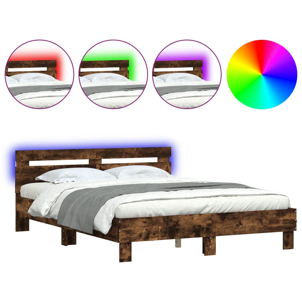 füstös tölgy színű ágykeret fejtámlával és LED-del 140x190 cm (3207564)