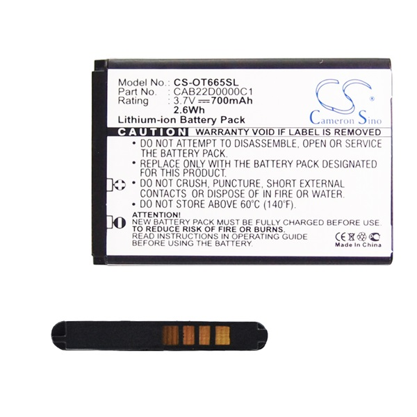 Cameron Sino Li-Ion akku (3.7V/700mAh, Alcatel CAB22B0000C1 kompatibilis) FEKETE Telenor One Touch (CS-OT665SL)