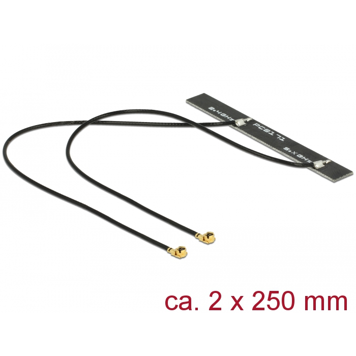 Delock WLAN 802.11 ac/a/h/b/g/n ikerantenna, 2 x MHF csatlakozódugó, 5 dBi, 250 mm-es NYÁK-lap, bels (89631) (89631)