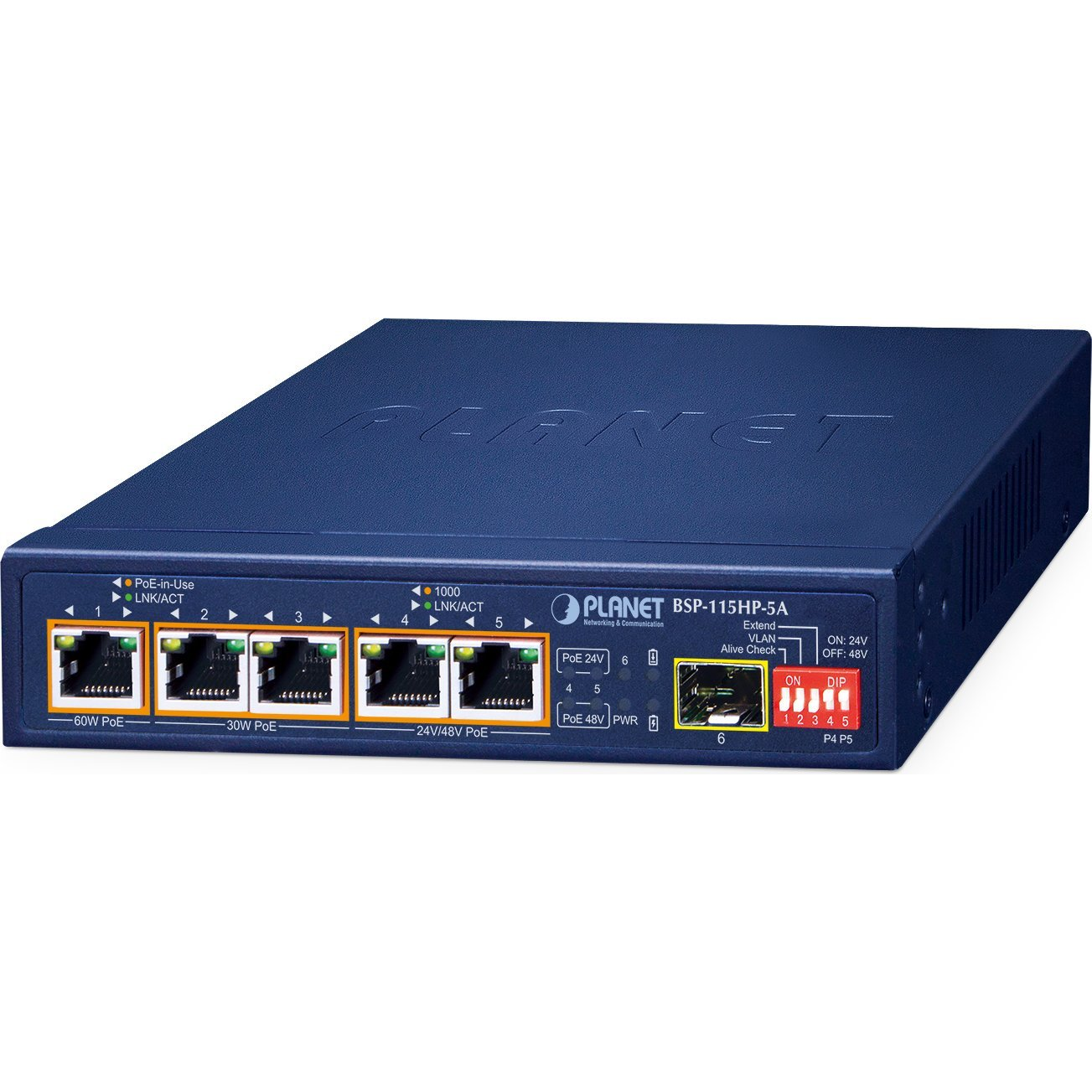 PLANET BSP-115HP-5A hálózati kapcsoló Beállítást nem igénylő (unmanaged) Gigabit Ethernet (10/100/1000) Ethernet-áramellátás (PoE) támogatása Kék (BSP-115HP-5A)