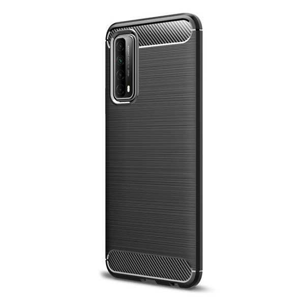 Szilikon telefonvédő (közepesen ütésálló, légpárnás sarok, szálcsiszolt, karbon minta) FEKETE [Huawei P Smart (2021)] (5996591016702)