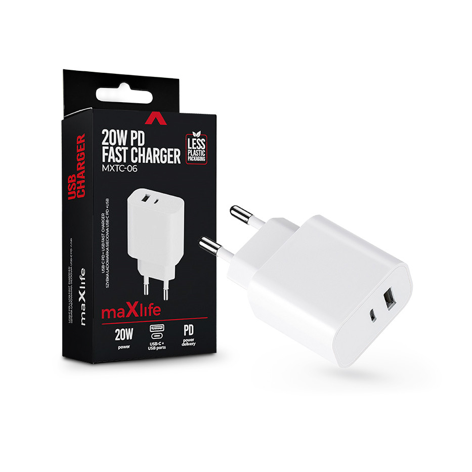 Maxlife MXTC-06 PD+QC 20W gyorstöltő adapter USB + Type-C - fehér (ML063403)
