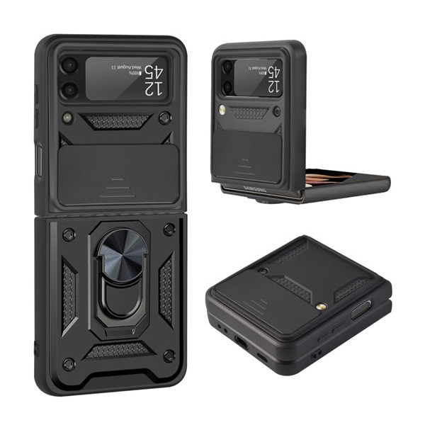 Defender műanyag telefonvédő (közepesen ütésálló, szilikon belső, telefontartó gyűrű, kamera védelem) FEKETE [Samsung Galaxy Z Flip3 5G (SM-F711)] (5996591108100)