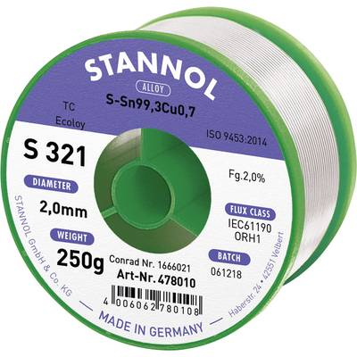 Stannol S321 2,0% 2,0MM SN99,3CU0,7 CD 250G Forrasztóón, ólommentes Ólommentes, Tekercs Sn99.3Cu0.7 250 g 2 mm