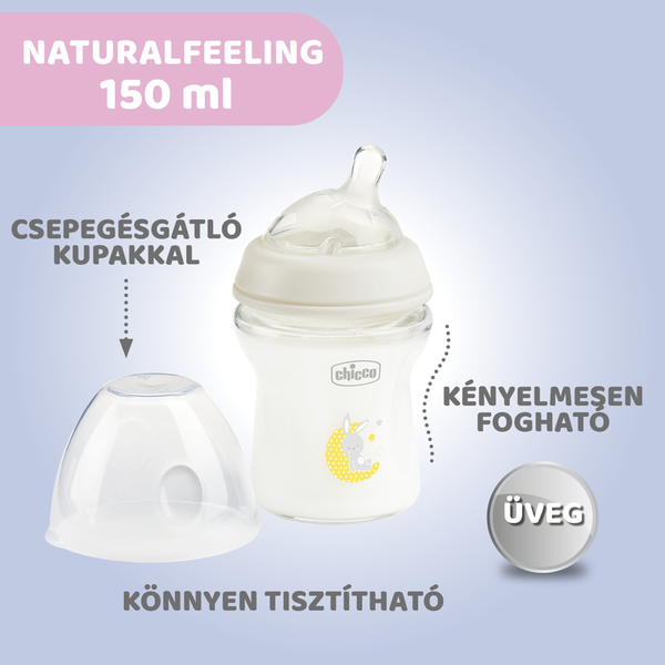 Chicco  NaturalFeeling                                                                        150 ml HŐÁLLÓ ÜVEG cumisüveg,                                                  lassú  folyású, dupla hasfájásgátló szelepes szilikon ferde etetőcumival