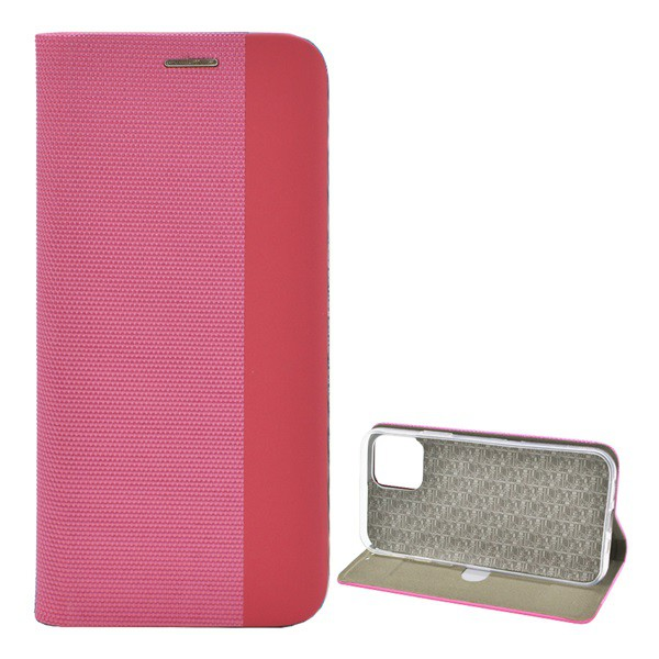 Tok álló, bőr hatású (FLIP, oldalra nyíló, asztali tartó funkció, textil minta) RÓZSASZÍN [Apple iPhone 12 Pro Max] (5996457997596)