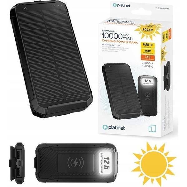Powerbank Batería Externa Solar 10.000 Mah Con Carga Inalámbrica Y Linterna – Ideal Para Camping Y Actividades Al Aire Libre