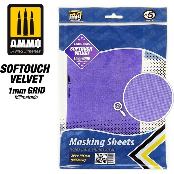  Vallejo Ammo: Softouch Velvet Masking Sheets - 1 mm Grid - Adhesive (290 x 145 mm) (5)