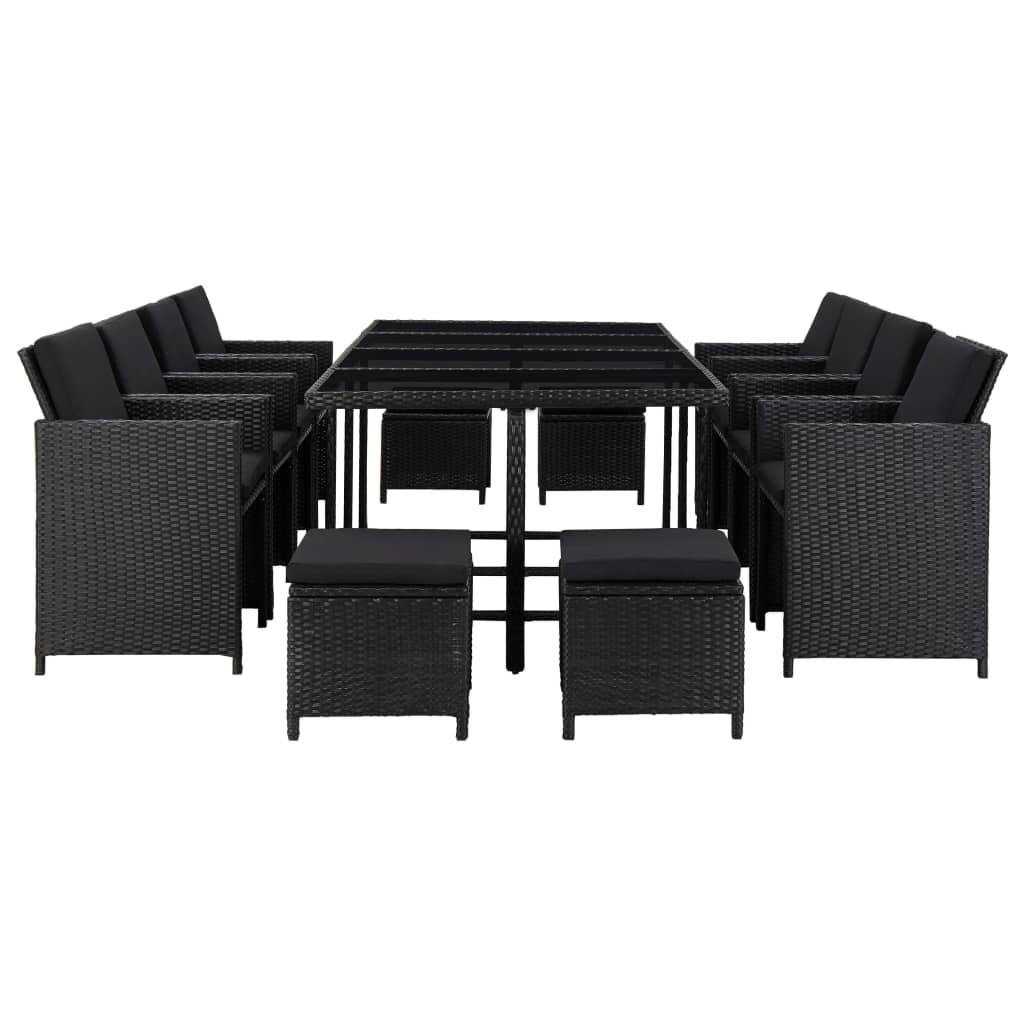 13 részes fekete polyrattan kültéri étkezőszett párnákkal (46534)